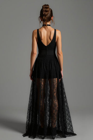 V-Neck Black A-Line Backless Long Formal Dress with Lace